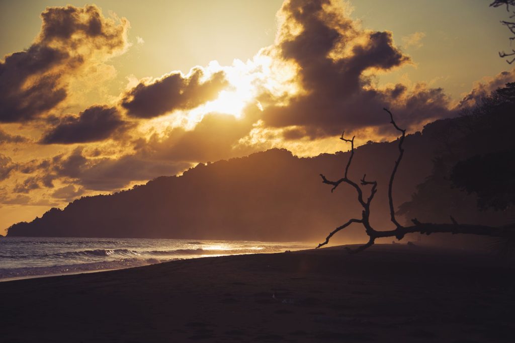 Stunning sunset at Puntarenas beach with dramatic clouds and silhouetted trees.