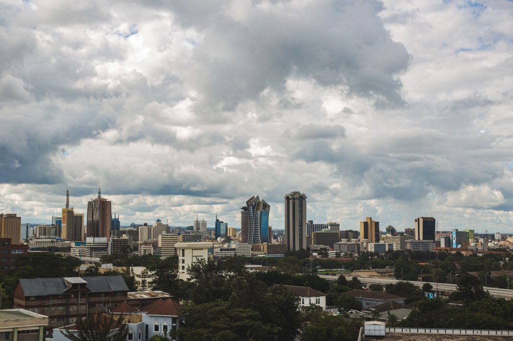 A stunning view of Nairobi's skyline under a dramatic sky.